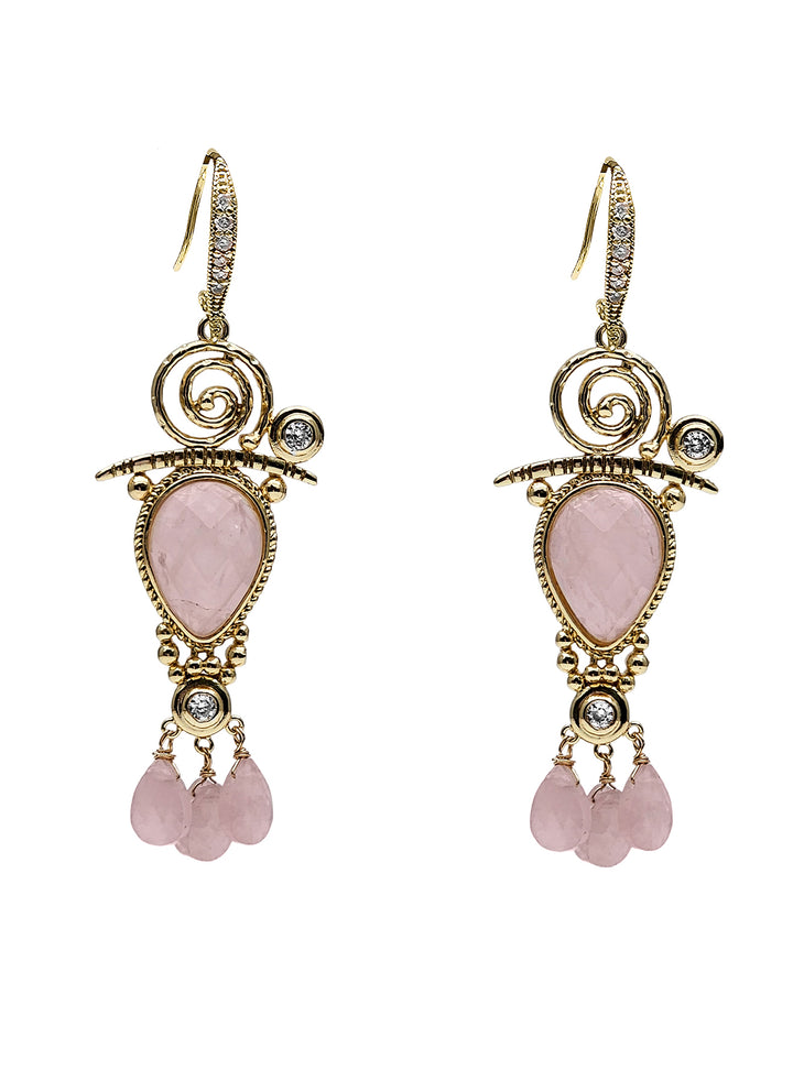 Bohemian Pink Rose Quartz Chandelier Earrings PE028