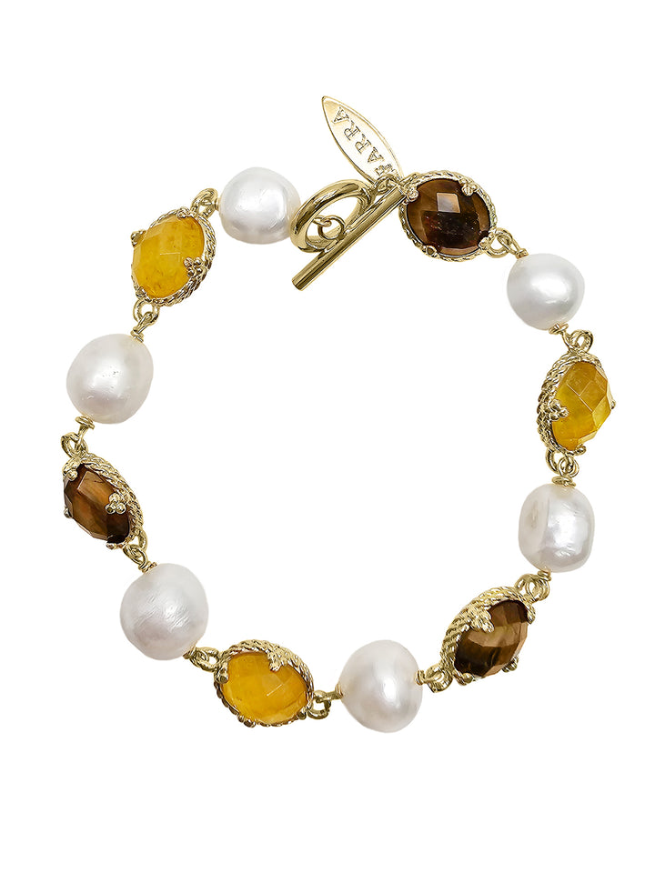 Yellow Quartz And Brown Tiger-eye With Freshwater Pearl Bracelet PB022