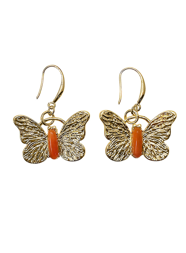 Gold Butterfly with Red Agate Stone Dangle Earrings PE032