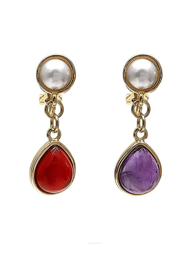 Teardrop Red Agate And Purple Amethyst Clip-On Earrings PE010