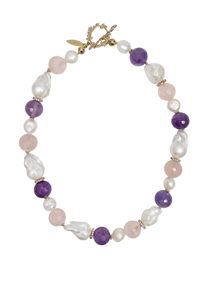 Baroque Pearls With Rose Quartz And Amethyst Necklace PN012