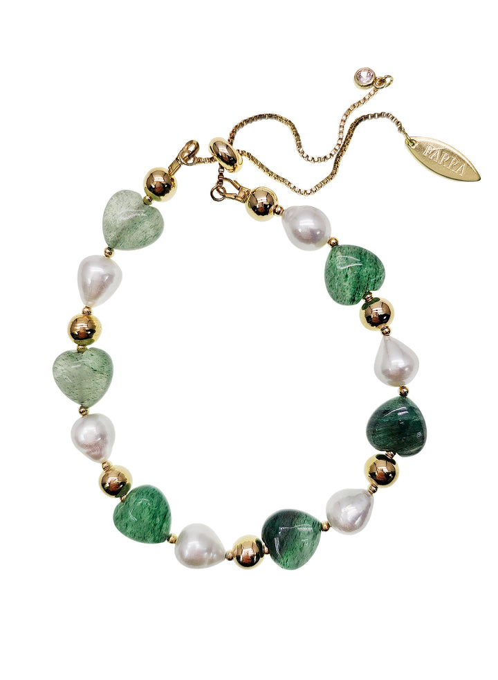 Heart Shaped Green Aventurine With Freshwater Pearls Adjustable Bracelet PB027