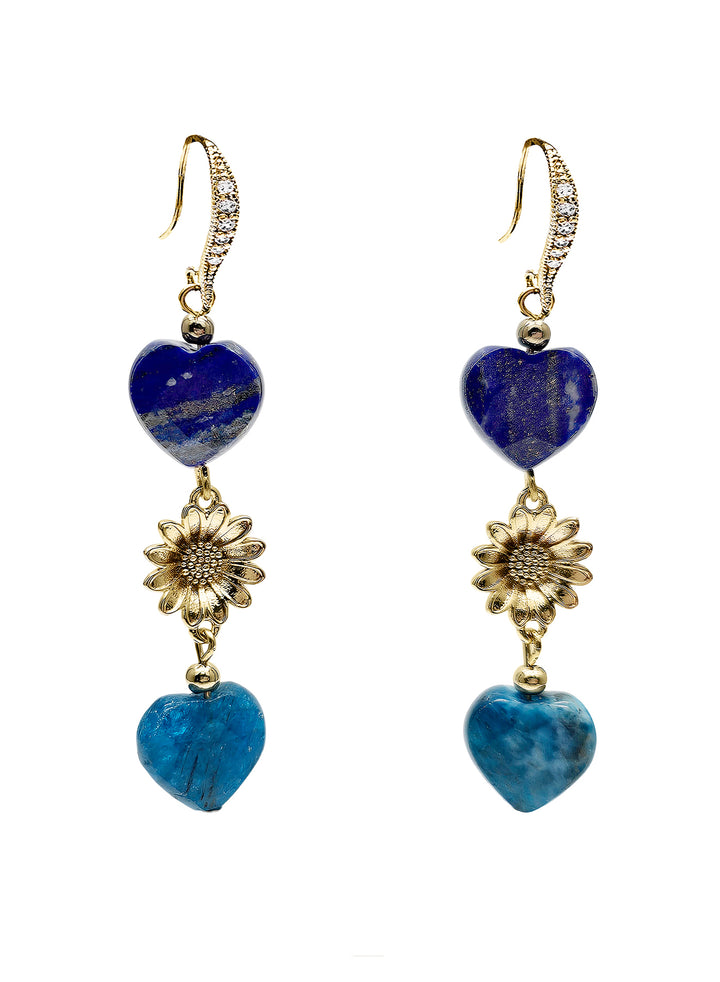 Heart-Shaped Lapis and Apatite Flower Dangle Earrings PE025