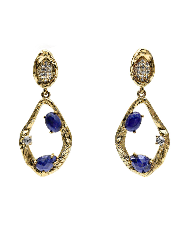 Teardrop Frame Adorned Lapis Stone Statement Earrings PE022