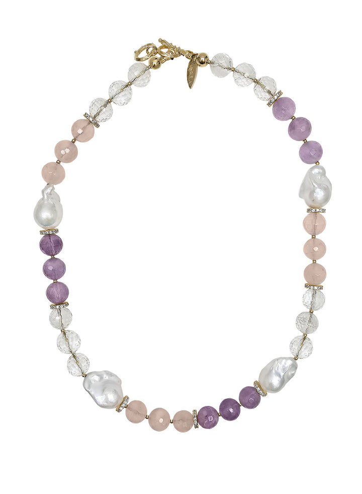 Rose Quartz And Amethyst With Baroque Pearls Necklace PN013
