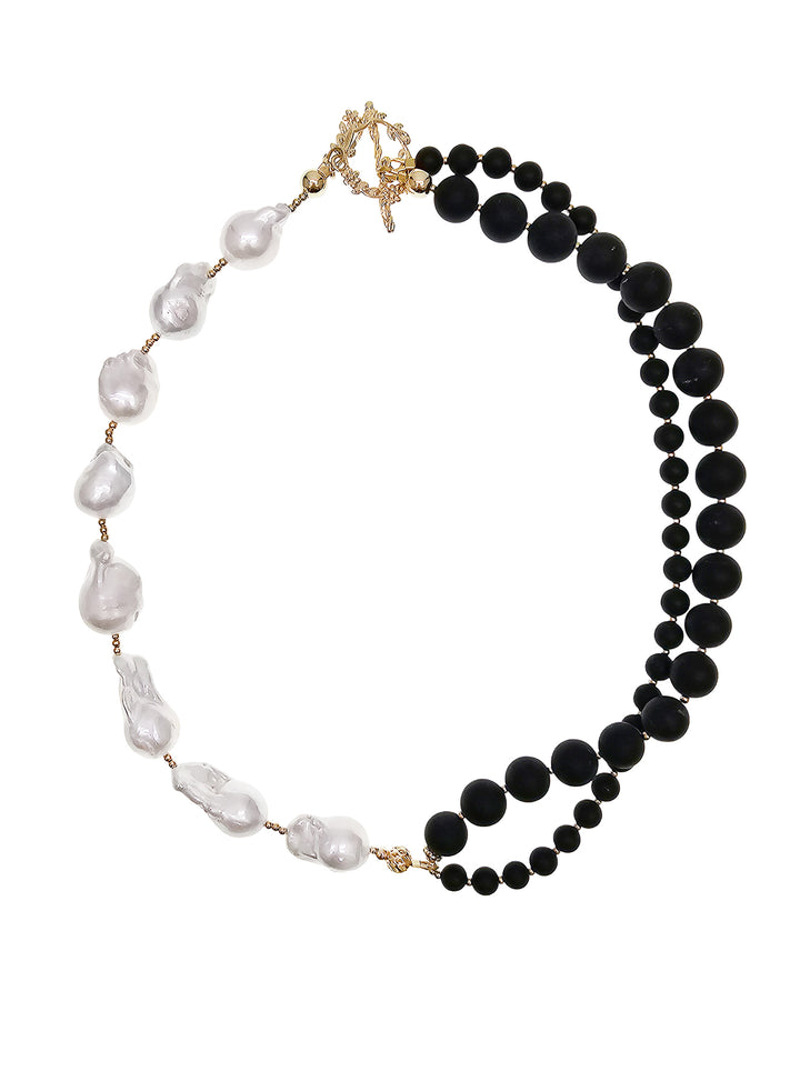 Black Obsidian And White Baroque Pearls Necklace PN003