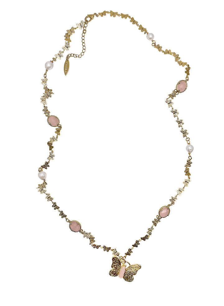 Butterfly Pendant With Rose Quartz Stones Long Necklace PN037