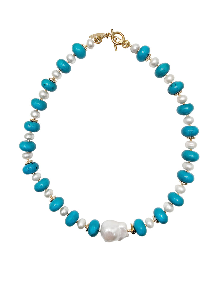 Rondelle Turquoise With Freshwater Baroque Pearls Necklace PN021