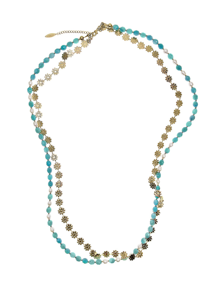 Amazonite With Flower Chain Double Layers Necklace PN016
