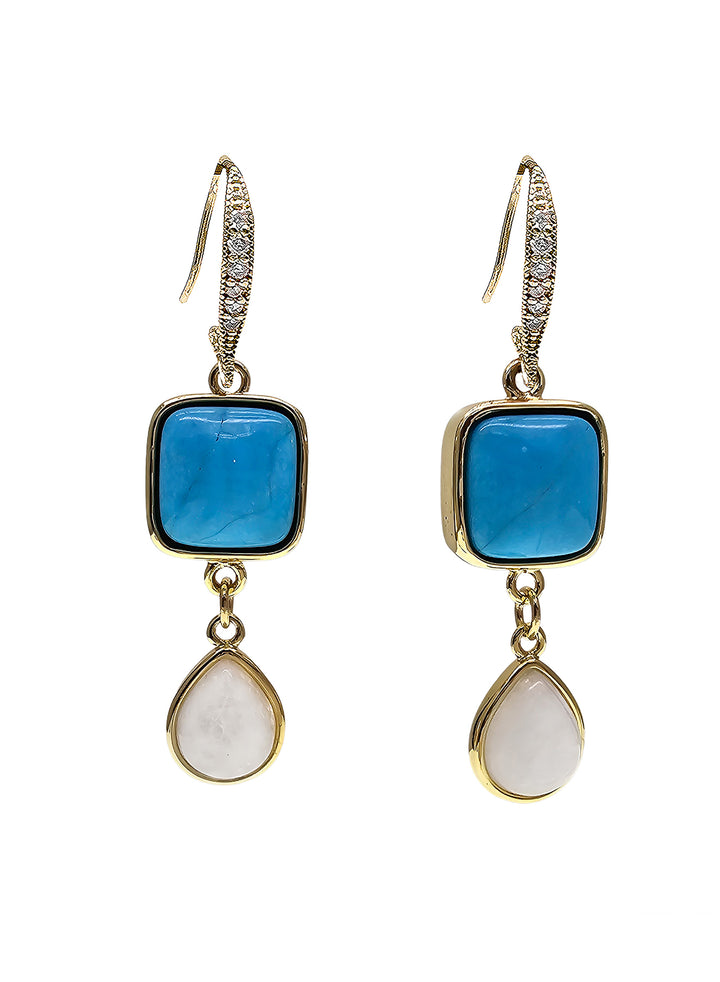 Blue Turquoise With Teardrop Moonstone Dangle Comfortable Earrings PE015