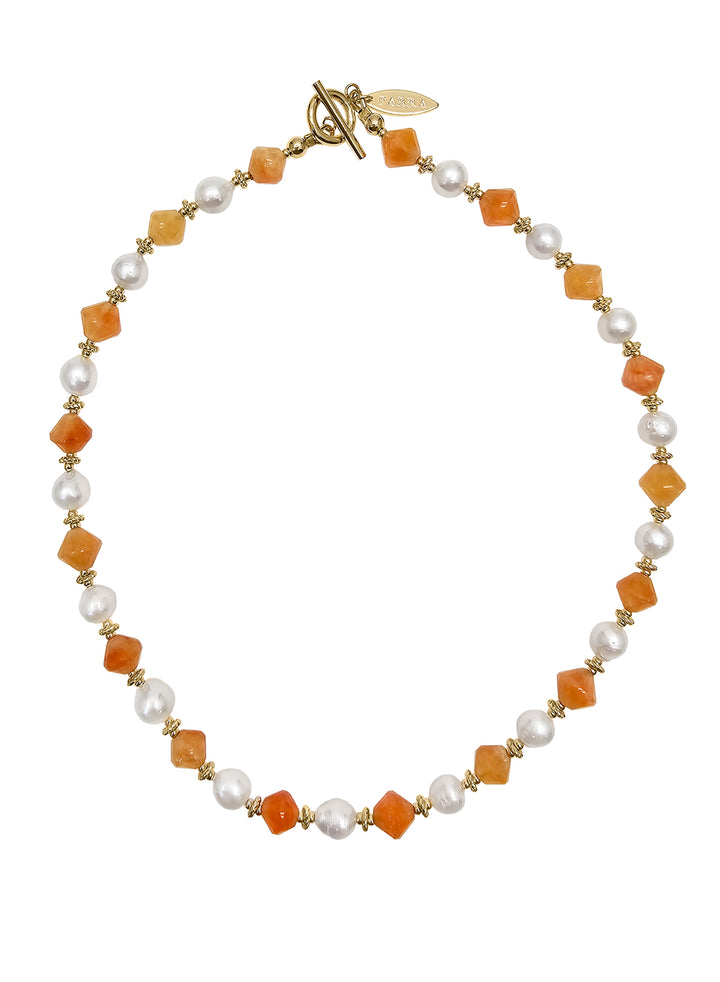 Freshwater Pearls With Orange Jade Short Necklace PN047