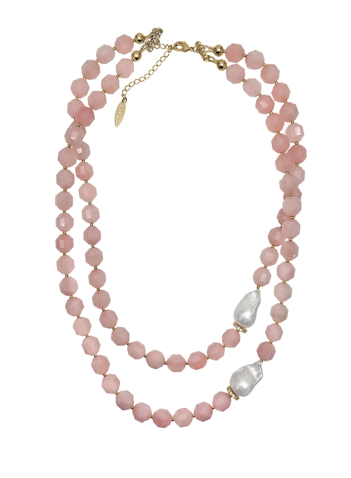 Faceted Rose Quartz With Baroque Pearls Double Layers Necklace PN039