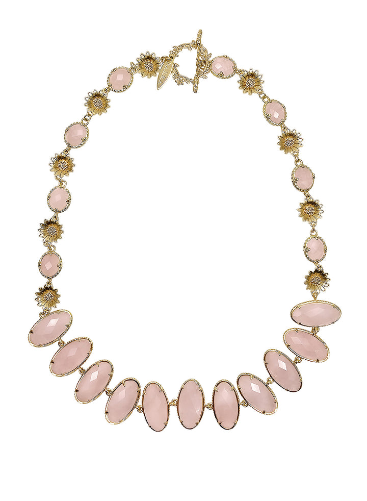 Rose Quartz With Flower Chain Statement Necklace PN038