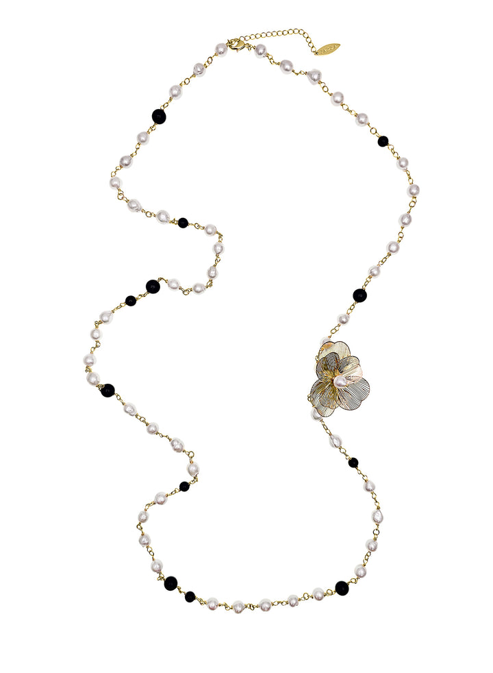 Freshwater Pearls And Black Obsidian With Flower Charm Long Necklace PN004