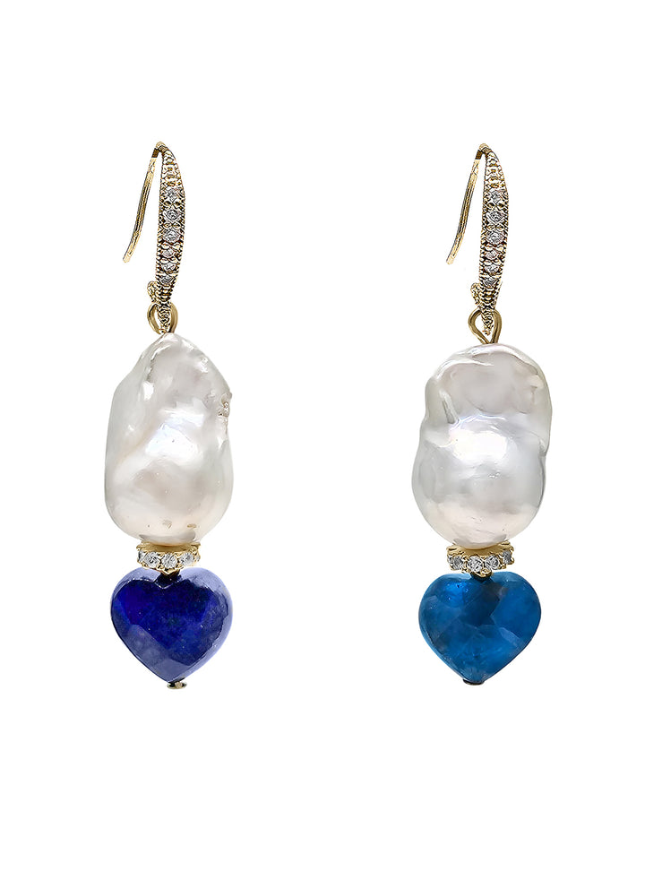 Baroque Pearls With Heart Shaped Lapis And Apatite Dangle Earrings PE026