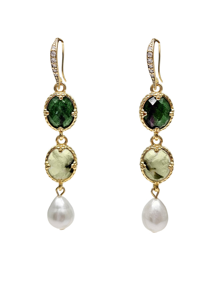Green Gemstone With White Pearls Dangle Earrings PE043