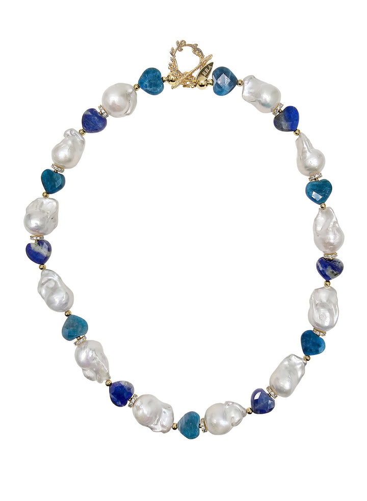 Baroque Pearls With Heart Shaped Lapis And Apatite Gorgeous Necklace PN035