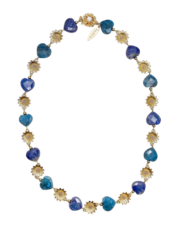 Heart Blue Gemstone With Flower Charms Statement Necklace PN034