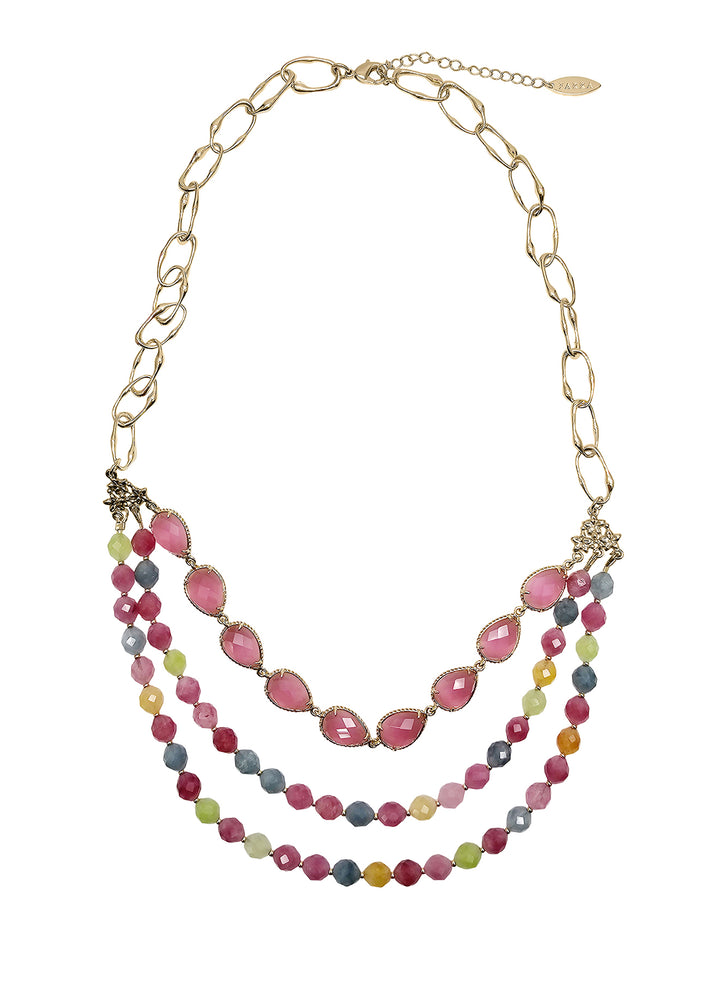 Pink Opal And Tourmaline Layers Statement Necklace PN050