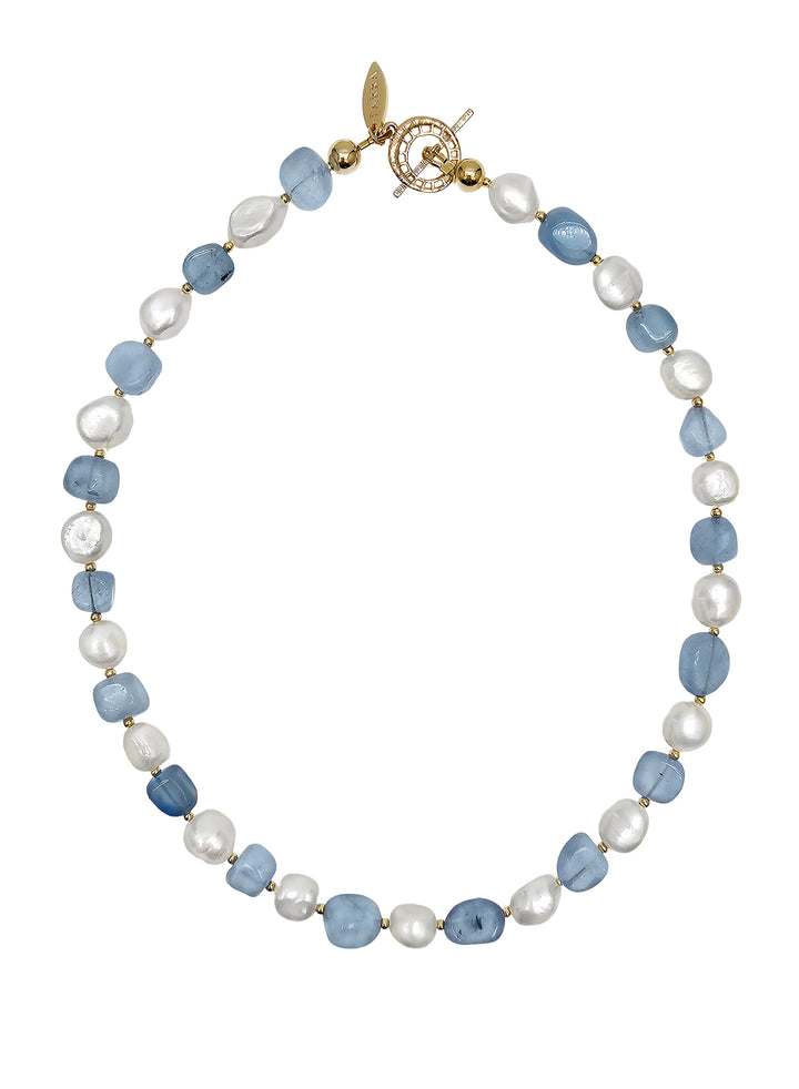 Irregular Freshwater Pearls With Aquamarine Short Necklace(PN024)