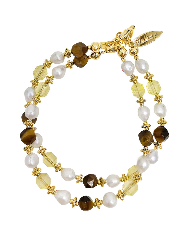 Citrine And Brown Tiger-eye With Freshwater Pearls Double Layers Bracelet PB023