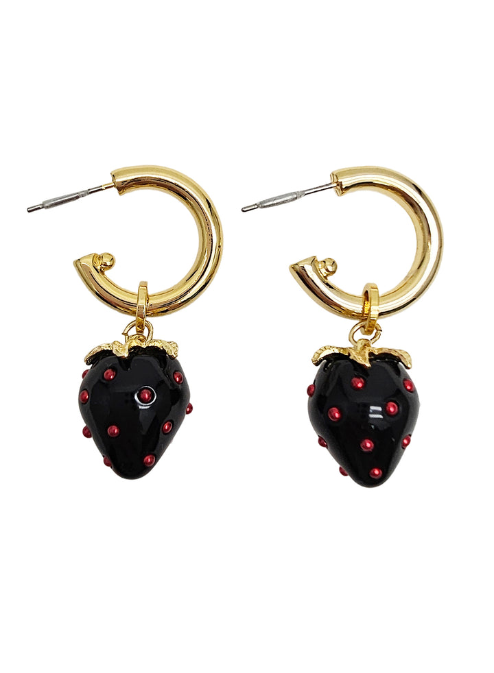Black Strawberry Dangle Hoop Earrings PE005