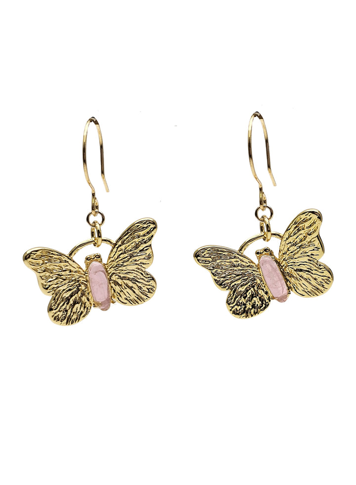 Gold Butterfly with Rose Quartz Stone Earrings PE027