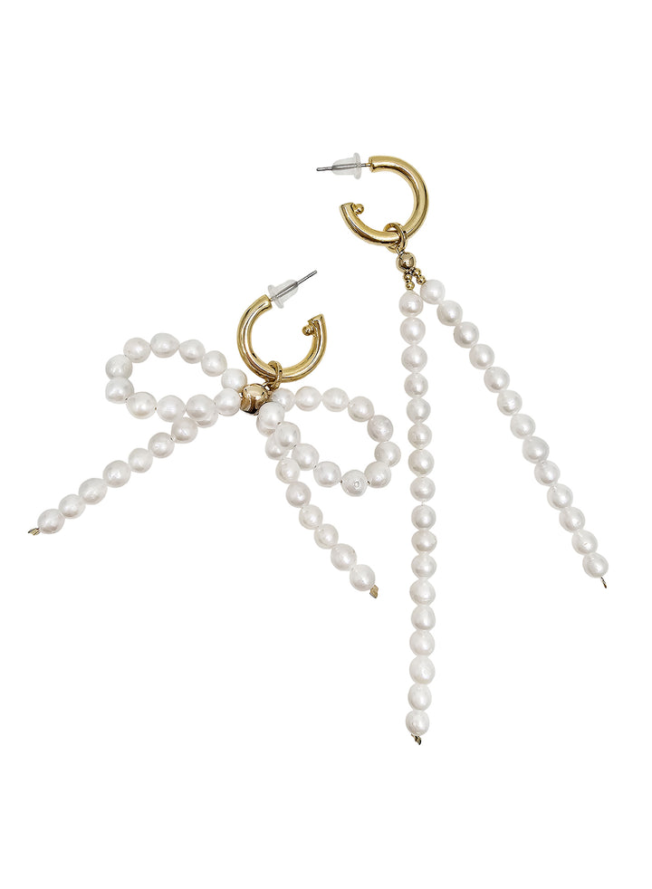 Freshwater Pearls Butterfly Knot And Tassel Asymmetric Earrings PE006