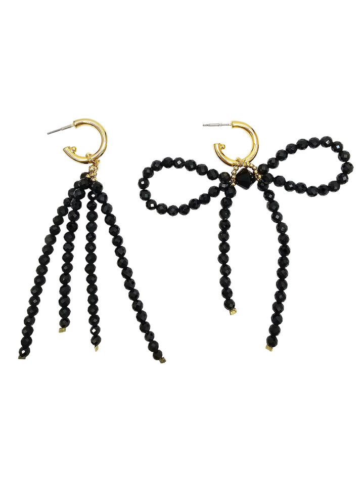 Black Obsidian Crafted Butterfly Knot And Tassel Asymmetric Earrings PE004