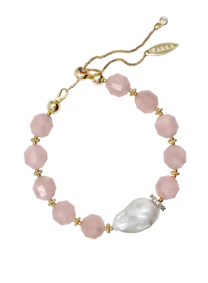 Faceted Rose Quartz With Baroque Pearl Adjustable Bracelet PB015