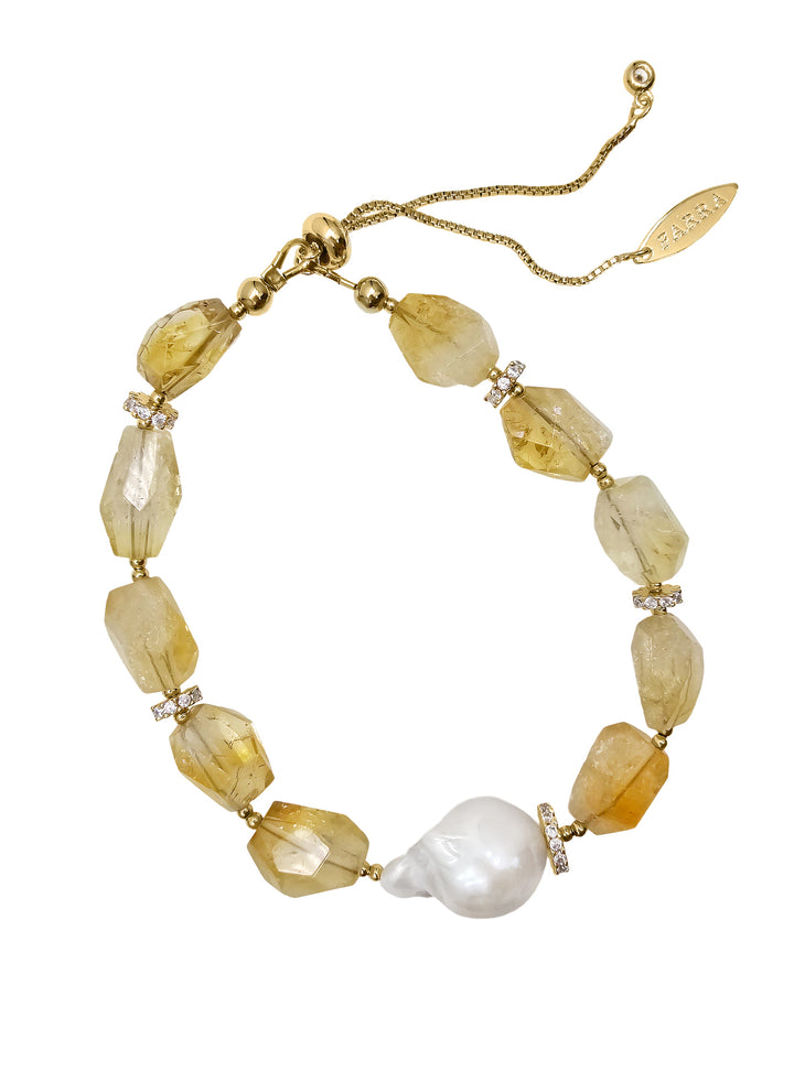 Faceted Citrine With Baroque Pearl Adjustable Bracelet PB024