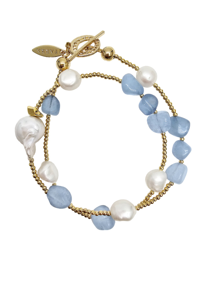 Irregular Aquamarine With Baroque Pearls Double Layers Bracelet PB010