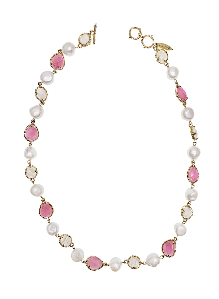 Pink Gemstone With Freshwater Pearls Elegant Necklace PN051