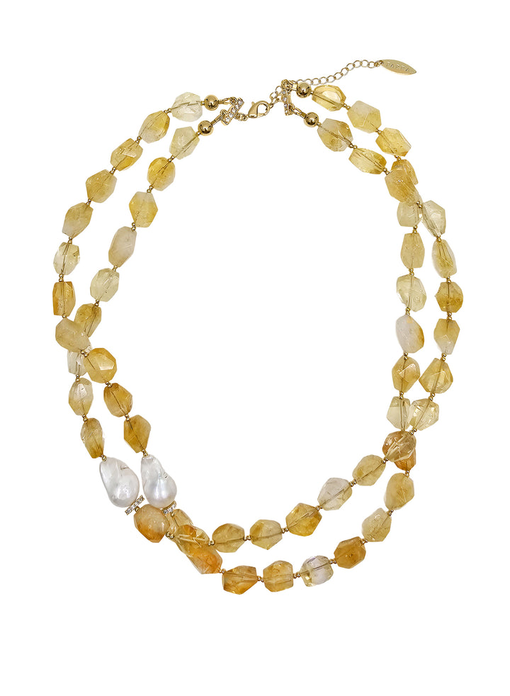 Faceted Citrine With Baroque Pearls Double Layers Necklace PN053