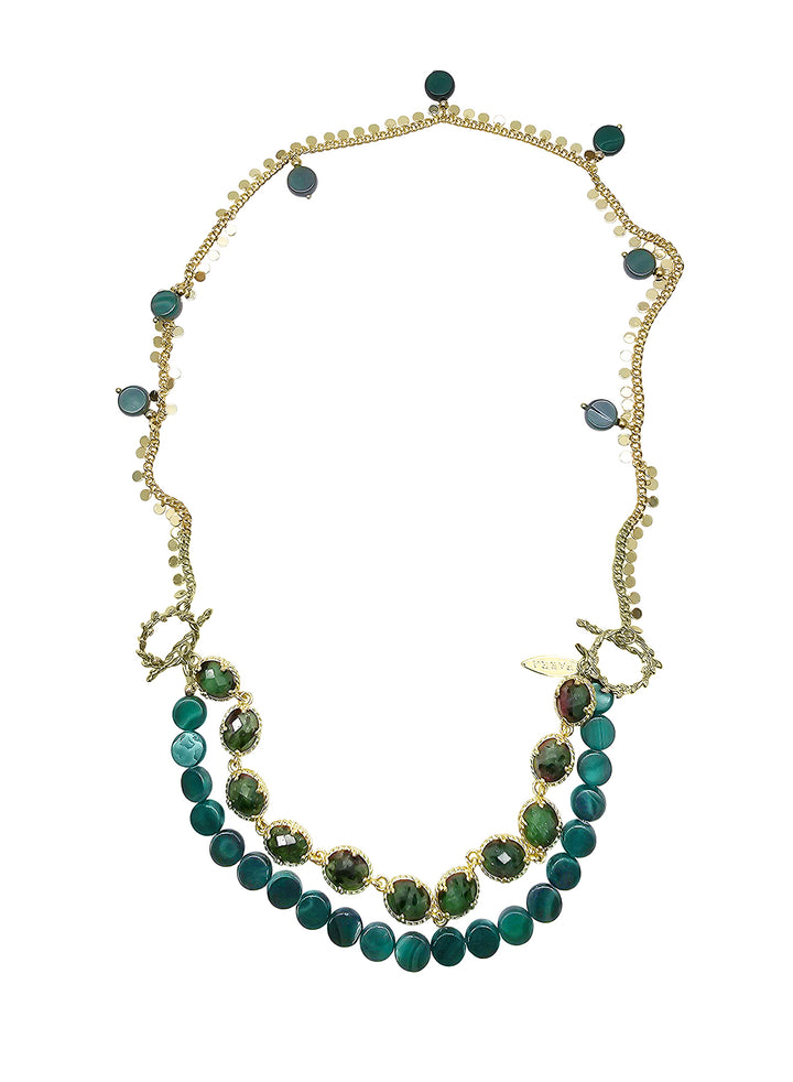 Green Gemstone With Chain Versatile Necklace PN061