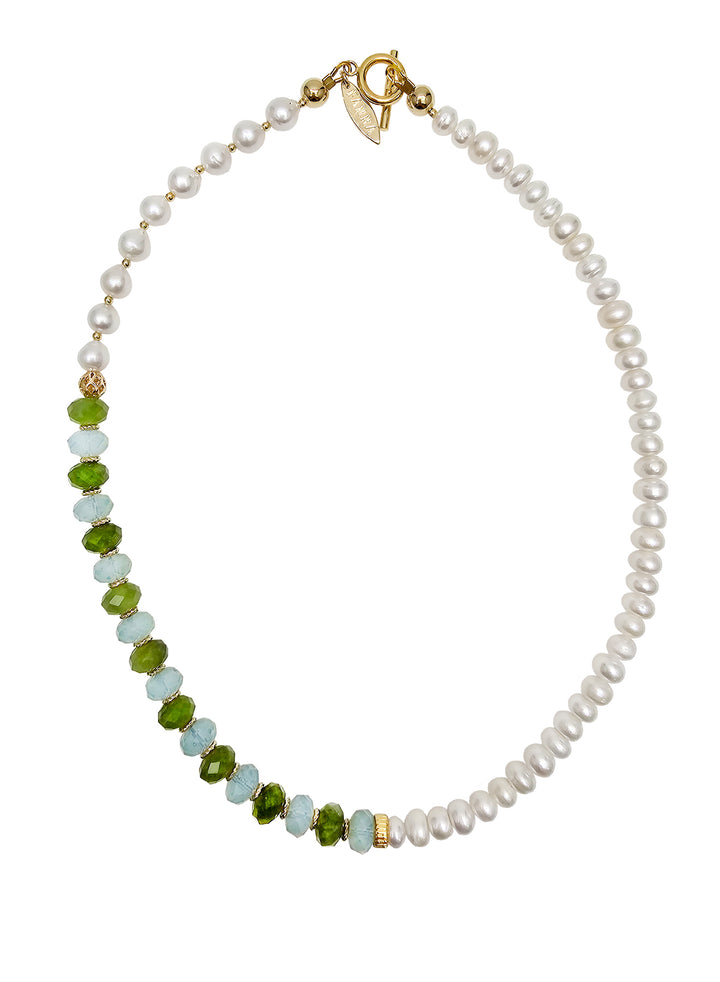 Freshwater Pearls With Green Jade And Opal Color Matching Necklace PN069