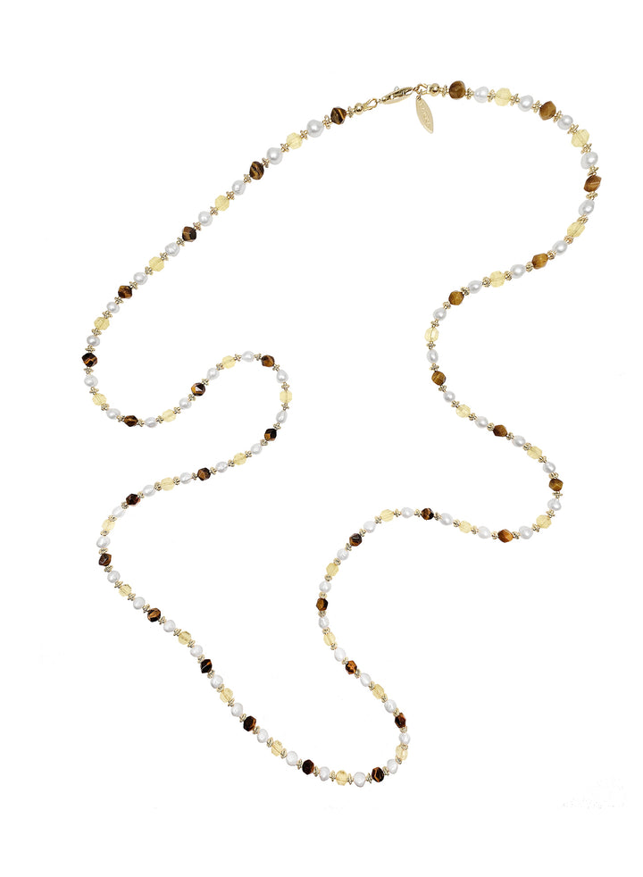 Brown Tiger-eye And Yellow Citrine With Freshwater Pearls Long Necklace PN058