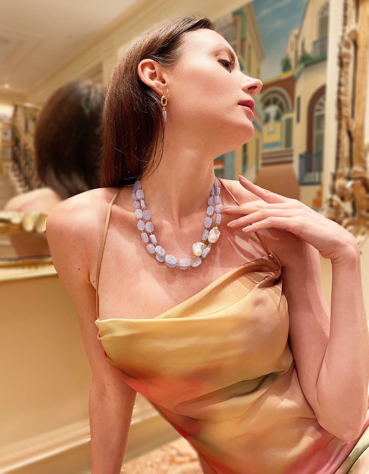 Blue Lace Agate With Baroque Pearls Double Strands Necklace GN023 - FARRA