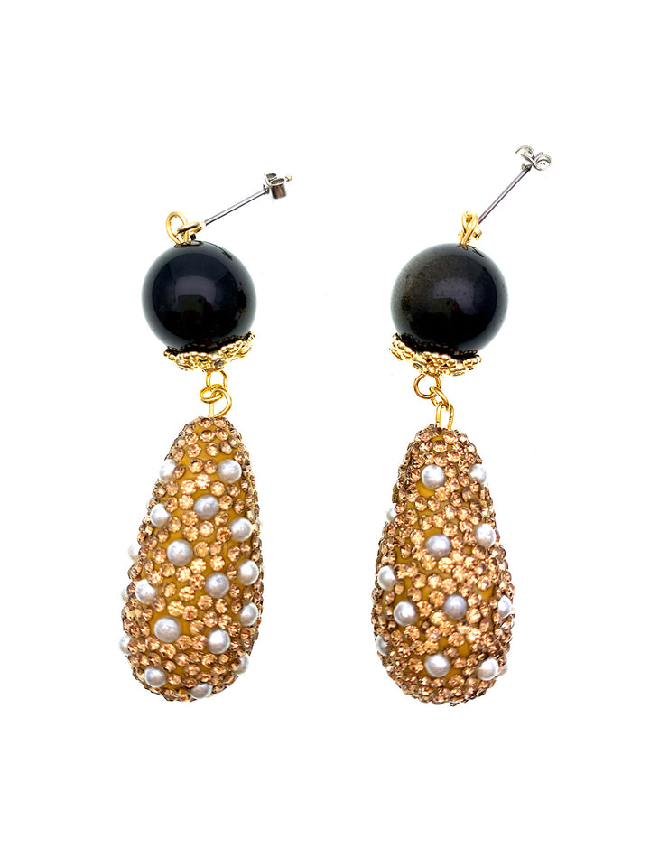 Black Obsidian With Rhinestones Dangle Earrings FE022 - FARRA
