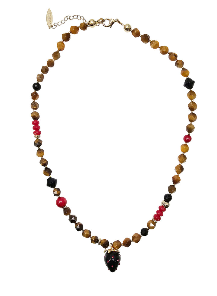 Tiger-eye With Bamboo Coral And Black Strawberry Pendant Necklace PN056
