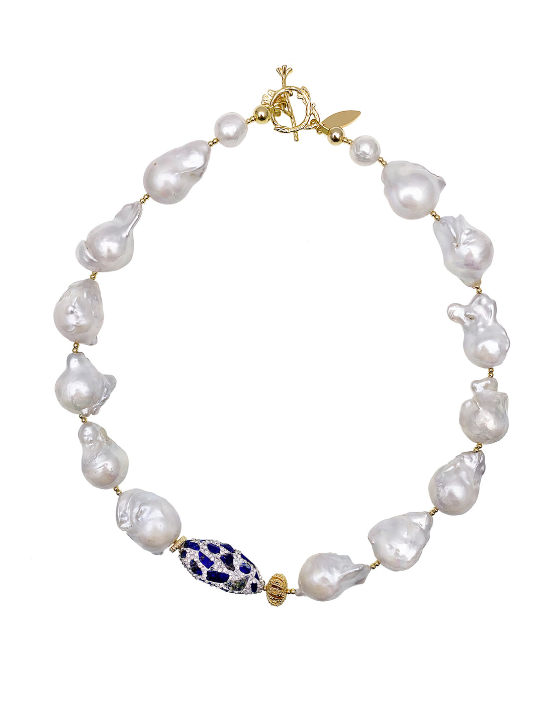 Baroque Pearls With Rhinestones Bordered Lapis Necklace EN019 - FARRA