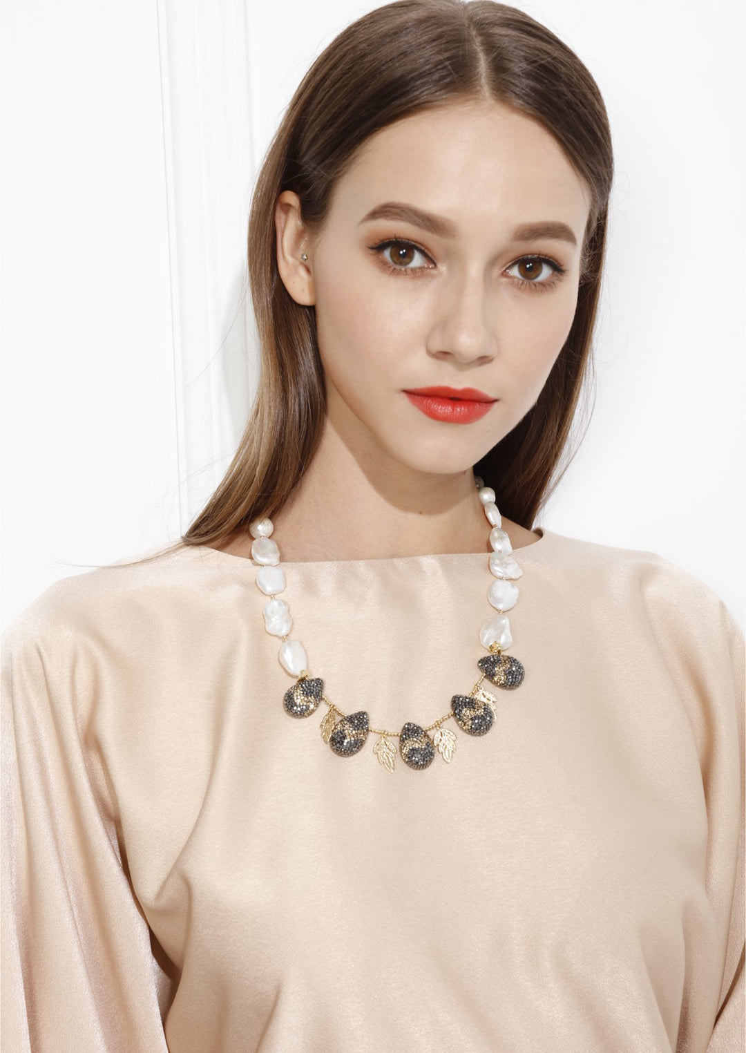 Teardrop Rhinestone with Freshwater Pearls Statement Necklace MN011 - FARRA