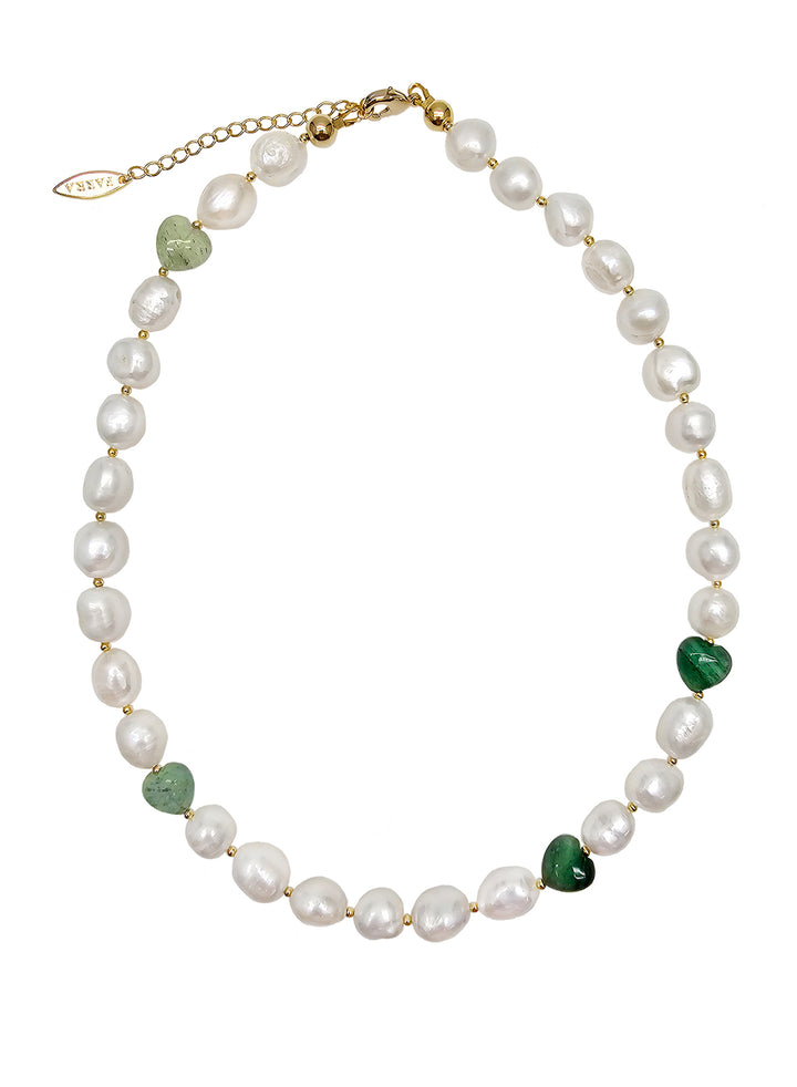 Irregular Freshwater Pearls With Heart Shaped Green Aventurine Necklace PN064