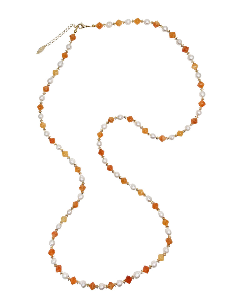 Freshwater Pearls With Orange Jade Long Necklace PN048