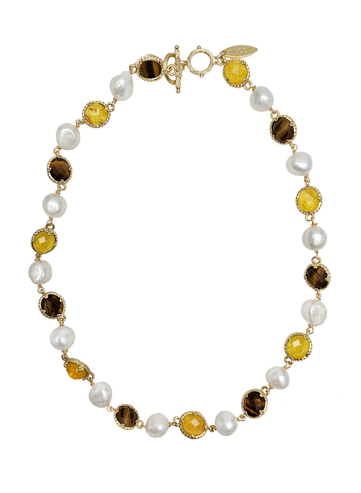 Irregular Freshwater Pearls With Yellow Quartz And Tiger-eye Stone Necklace PN055