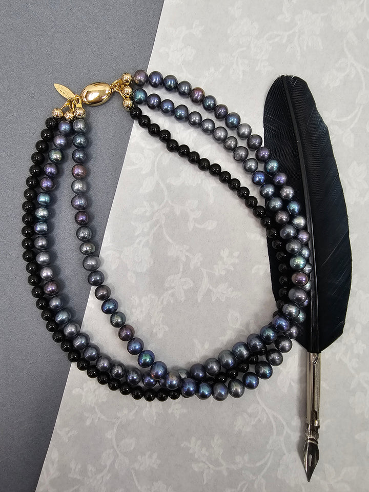 Deep Purple Pearls With black Obsidian Twisted Necklace NN005