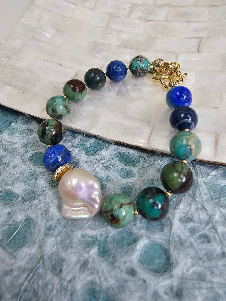 Phoenix Lapis With Baroque Pearls Bracelet NB011
