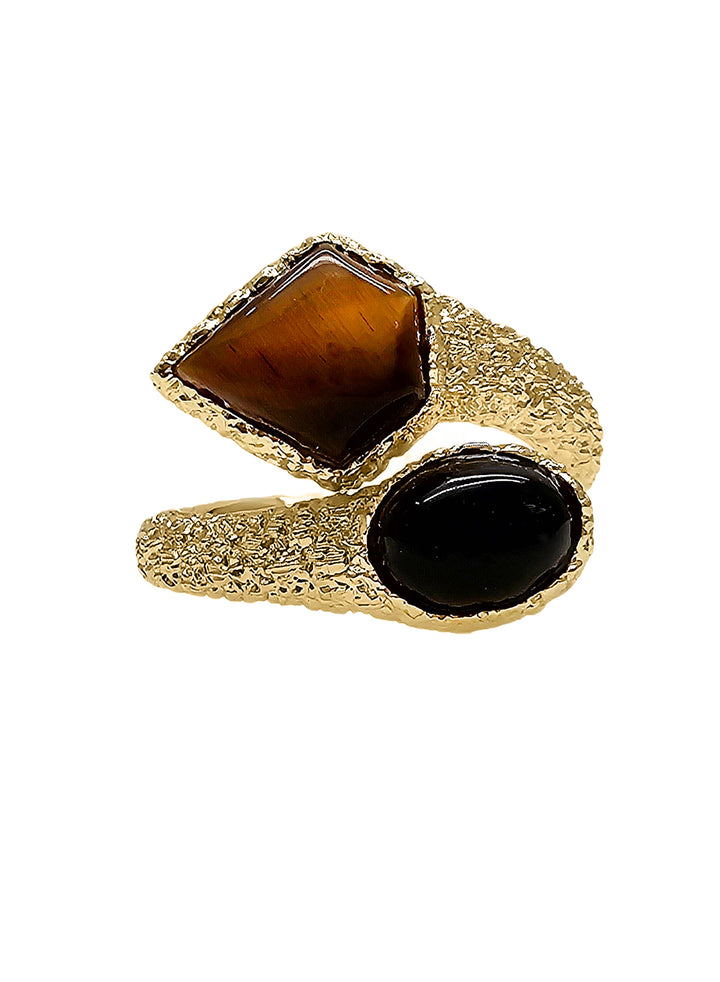 Brown Tiger-eye And Black Agate Open Ring PR019