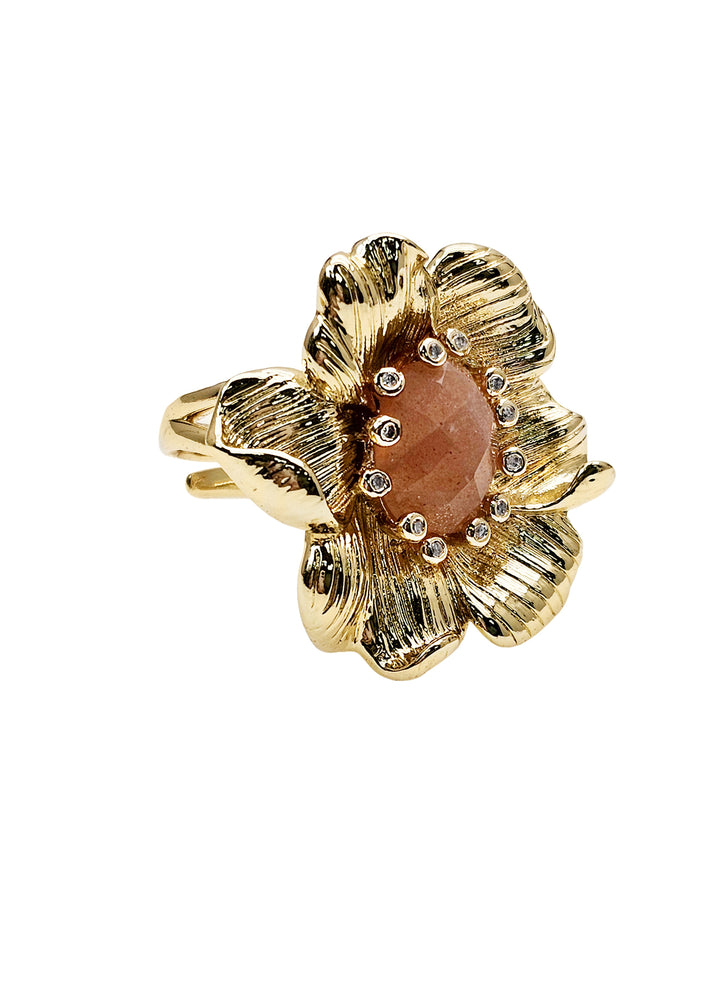 Gold Flower With Orange Moonstone Setting Cocktail Ring PR016
