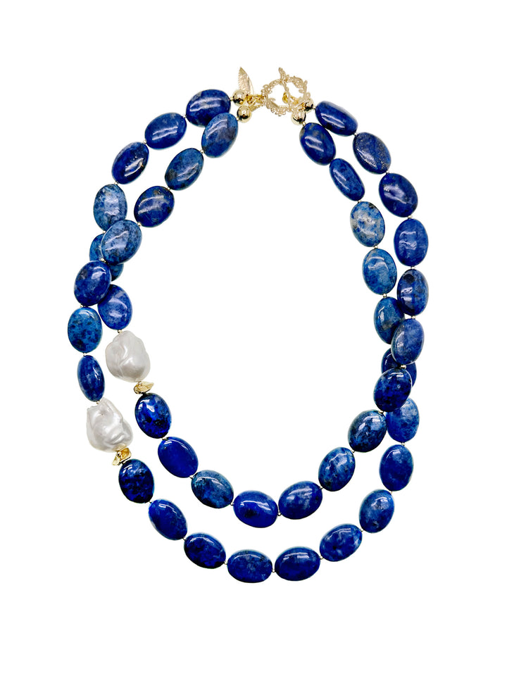 Blue Agate With Baroque Double Wrapped Necklace KN020 - FARRA